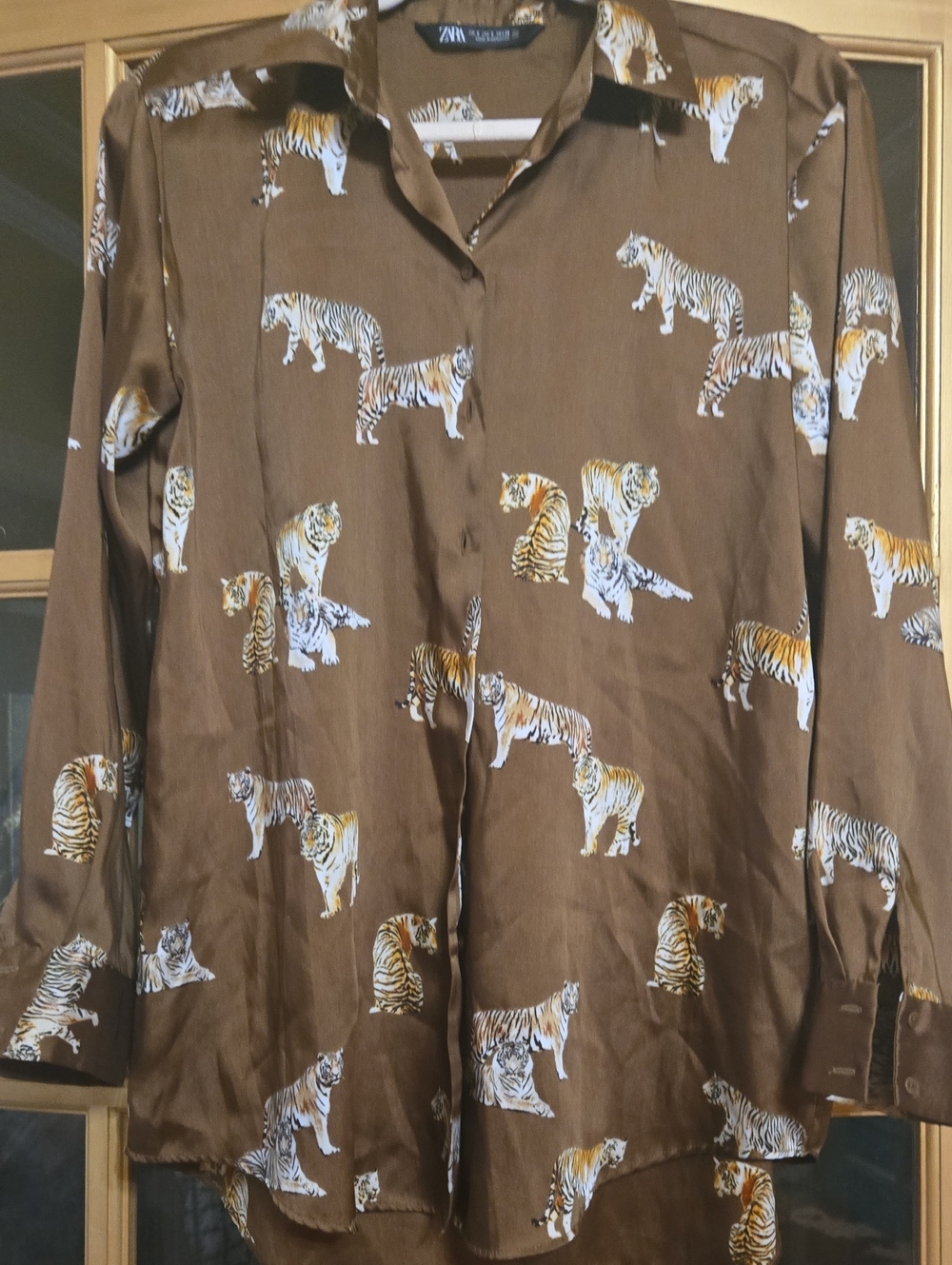 ZARA Chocolate Satin Blouse with Tiger Print